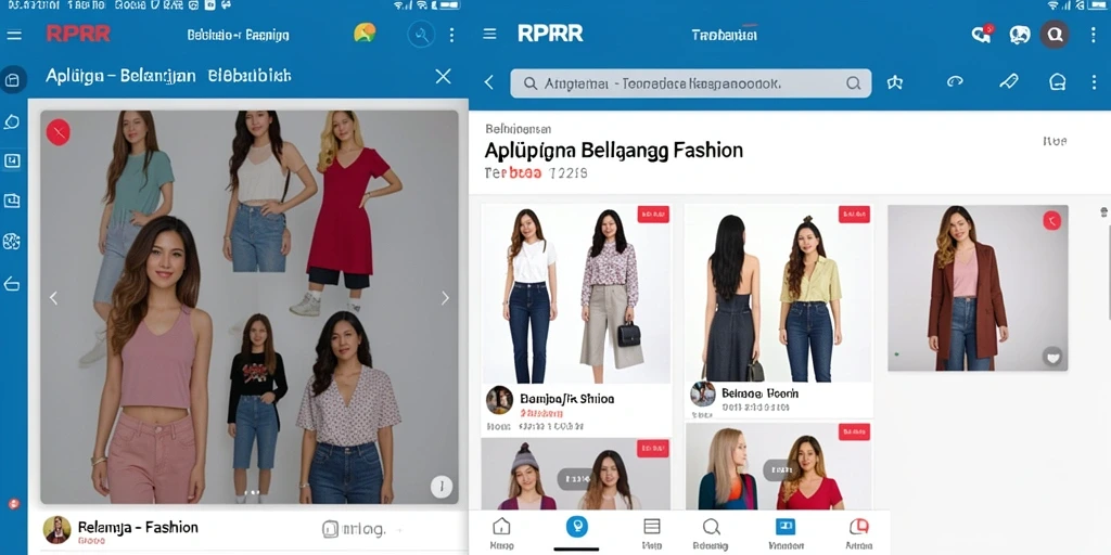 Screenshot antarmuka RPRR menunjukkan fitur pencarian produk fashion.